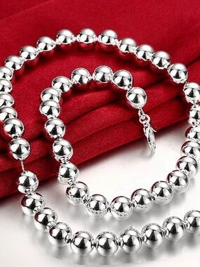 8MM Sterling Silver Beaded Ball Necklace Chunky Bubble Chain Jewelr